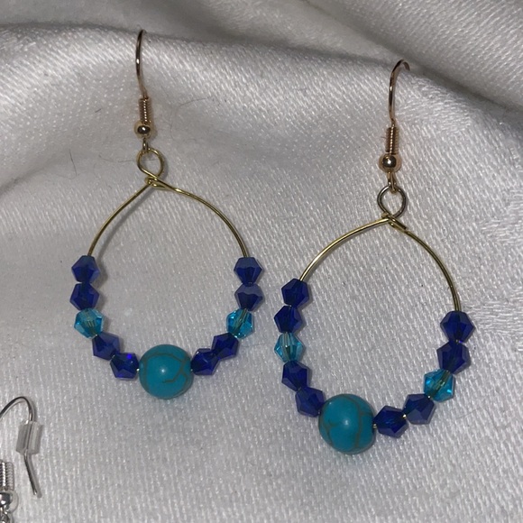 2 Pair Handmade Earrings w New & Upcycled ♻️ Beads Gold Hoops & Silver Dangling - Picture 3 of 4